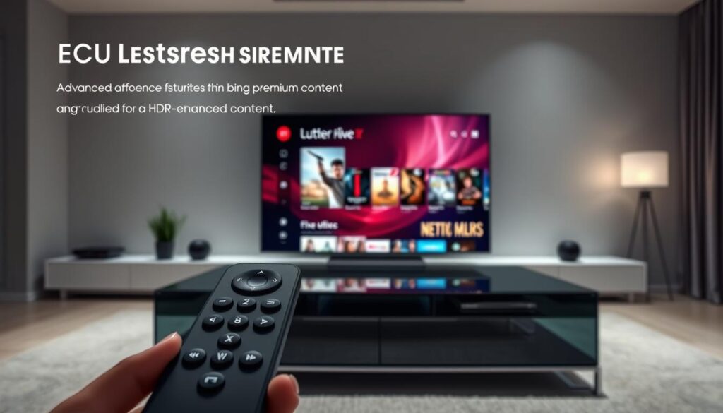 A sleek, modern media center showcasing exclusive streaming features. In the foreground, a high-tech remote control with advanced customization options hovers over a minimalist, glass-topped entertainment unit. In the middle ground, an ultra-thin OLED display presents a vibrant, HDR-enhanced user interface, highlighting a curated selection of premium content. The background features a clean, dimly lit living room with ambient lighting, conveying a sense of refined, immersive entertainment. The scene is captured with a wide-angle lens, emphasizing the seamless integration of hardware and software for an unparalleled streaming experience.