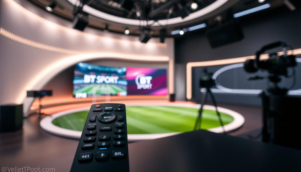 A sleek, modern studio setting with professional broadcast equipment. In the foreground, a high-end IPTV remote control and streaming device, showcasing the BT Sport logo. The middle ground features a large, curved display screen displaying live sports coverage, with the BT Sport branding prominently displayed. The background has a minimalist, tech-infused ambiance, with subtle lighting and a sense of energy. The overall composition conveys the premium, immersive experience of BT Sport's IPTV services for Premier League and Champions League coverage.