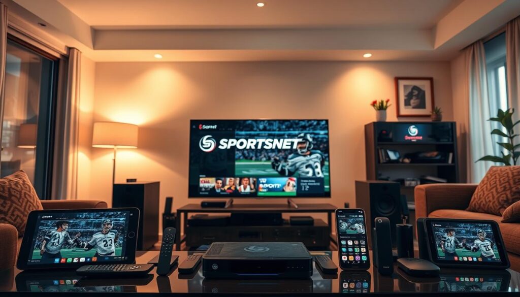 A sophisticated, well-lit home entertainment setup with multiple devices showcasing the IPTV Sportsnet interface. In the foreground, a modern flatscreen television displays the Sportsnet logo and live sports coverage. Surrounding it, various streaming devices such as a set-top box, smartphone, and tablet are arranged neatly, each depicting the intuitive Sportsnet app interface. The middle ground features high-end audio equipment, remote controls, and accessories, conveying a premium, technologically-advanced home media system. The background is a warm, cozy living room with subtle lighting, plush furniture, and decor elements that establish a comfortable, inviting atmosphere for sports enthusiasts. The overall scene radiates a sense of convenience, accessibility, and the ability to enjoy comprehensive Canadian sports entertainment across multiple devices.
