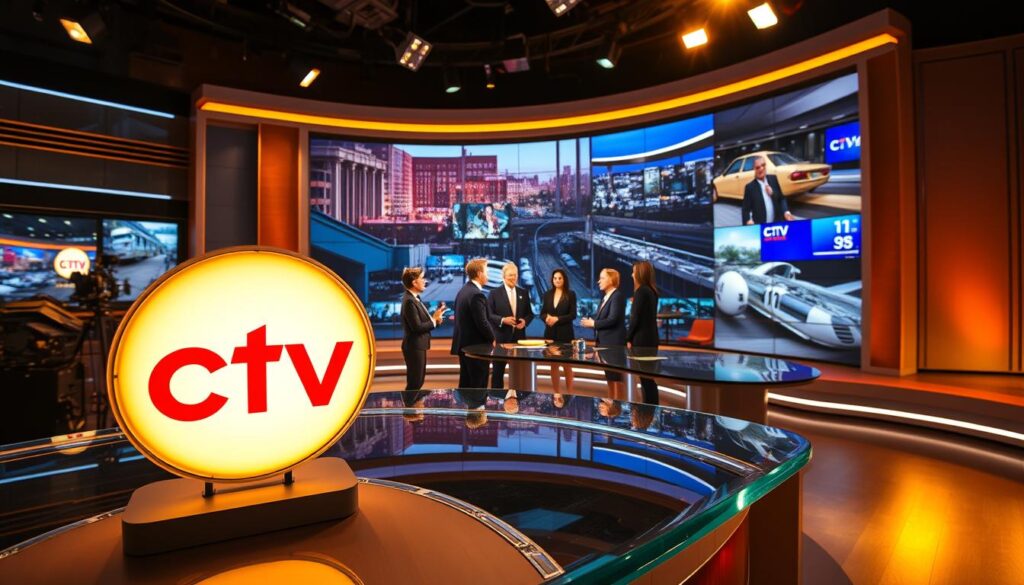 A striking interior shot of a modern television studio, bathed in warm, golden lighting. In the foreground, the iconic CTV logo stands out prominently on a sleek, glass-topped desk, surrounded by an array of professional broadcast equipment. In the middle ground, a team of news anchors and journalists are captured in a lively discussion, their expressions animated as they prepare for an upcoming segment. The background features a towering, curved video wall displaying vibrant, high-definition footage of current events and weather reports, creating a sense of energy and immediacy. The overall atmosphere conveys the authority and sophistication of Canada's premier television network.