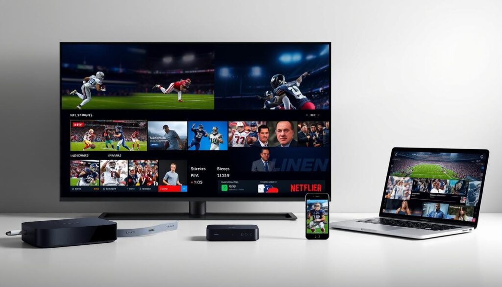 A studio-lit scene showcasing an array of modern streaming devices and platforms against a sleek, minimalist backdrop. In the foreground, a high-end 4K smart TV, a streaming box, and a tablet display various NFL game livestreams and highlight reels. In the middle ground, a smartphone and a laptop computer demonstrate the versatility of NFL streaming options across devices. The background features subtle gradients and clean lines, creating a sophisticated, technology-driven ambiance. Balanced lighting accentuates the products, conveying a sense of quality and innovation in the world of NFL streaming.