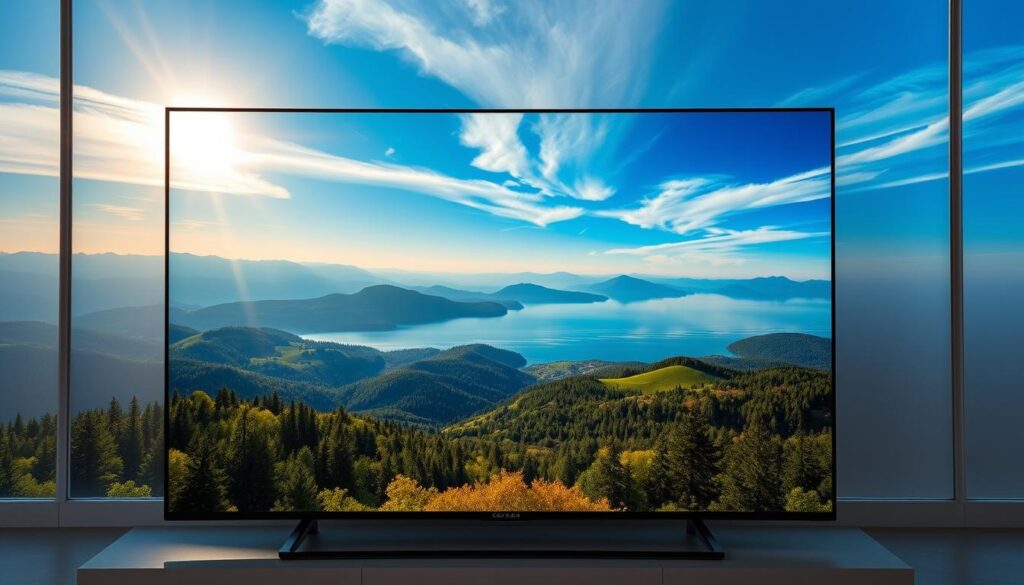 A stunning 4K video stream showcasing vivid clarity and vibrant colors. The screen is filled with a panoramic landscape of rolling hills, lush forests, and a serene lake reflecting the azure sky. Sunlight filters through wispy clouds, casting a warm, golden glow across the scene. In the foreground, a sleek, modern OLED television displays the breathtaking imagery with impeccable detail and dynamic range. The TV is set against a minimalist, contemporary interior design with clean lines and neutral tones that complement the natural beauty of the on-screen visuals. This immersive 4K experience conveys a sense of tranquility and high-fidelity entertainment, perfectly capturing the essence of "Stunning 4K and HD Streaming Quality".