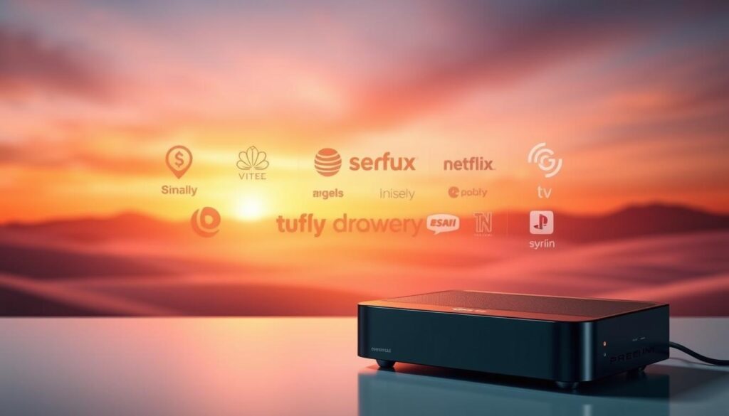 A stunning scene of premium streaming benefits, captured in a sleek and modern setting. In the foreground, a high-end streaming device takes center stage, its elegant design and sophisticated features showcased under a warm, directional lighting. In the middle ground, various streaming service logos and icons float ethereally, hinting at the boundless content and entertainment options available. The background is a minimalist, gradient-filled landscape, evoking a sense of technological advancement and digital immersion. The overall composition conveys a premium, premium-level experience, inviting the viewer to indulge in the boundless possibilities of cutting-edge streaming.