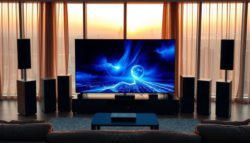 A stunning ultra high-definition entertainment setup in a modern, minimalist living room. In the foreground, a state-of-the-art 8K television with crisp, vibrant colors and life-like details, surrounded by sleek, high-end audio equipment. The middle ground features a comfortable, stylish sofa and coffee table, creating an inviting atmosphere. The background showcases large windows offering a panoramic view of a city skyline, bathed in warm, golden hour lighting that filters through sheer curtains. The overall scene conveys a sense of immersive, high-quality entertainment experience, perfect for enjoying instant streaming content.