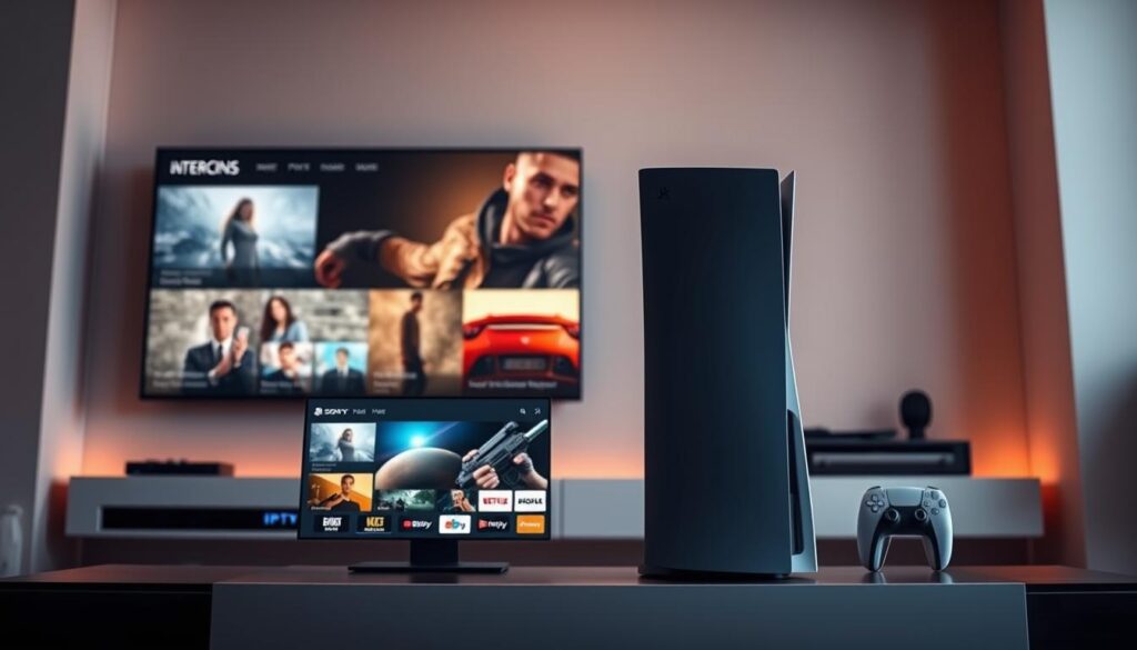 A stylish and modern media center setup featuring a Sony PlayStation 5 console, surrounded by a sleek IPTV interface and various streaming service icons. The PS5 takes center stage, its sleek black casing gleaming under warm, focused lighting. The IPTV interface hovers in the foreground, showcasing a clean, intuitive design with vibrant, high-definition video thumbnails. In the background, a minimalist, high-tech environment sets the scene, with subtle hints of technological sophistication. The overall mood is one of seamless integration, where the power of the PS5 and the convenience of IPTV come together to create an ultimate media experience.