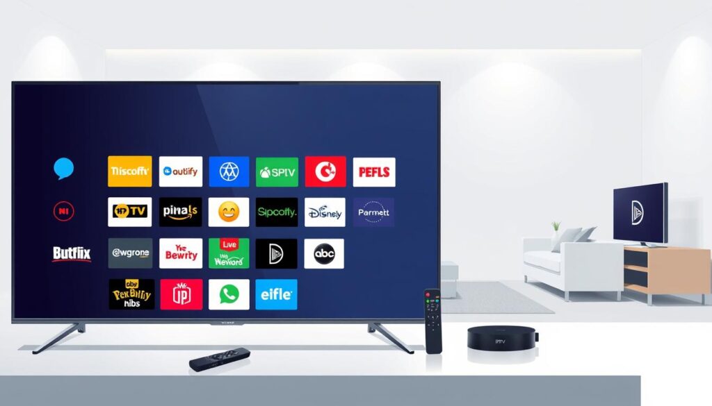 A stylish, modern illustration showcasing IPTV channel options. In the foreground, a sleek, high-definition television display presents a variety of digital channel logos and icons, with vivid colors and crisp resolution. The middle ground features various remote controls and streaming devices, suggesting the flexibility and convenience of IPTV services. The background depicts a minimalist, well-lit living room setting, creating a sense of luxury and entertainment. The overall scene conveys the versatility, quality, and accessibility of IPTV channels for a premium home viewing experience.