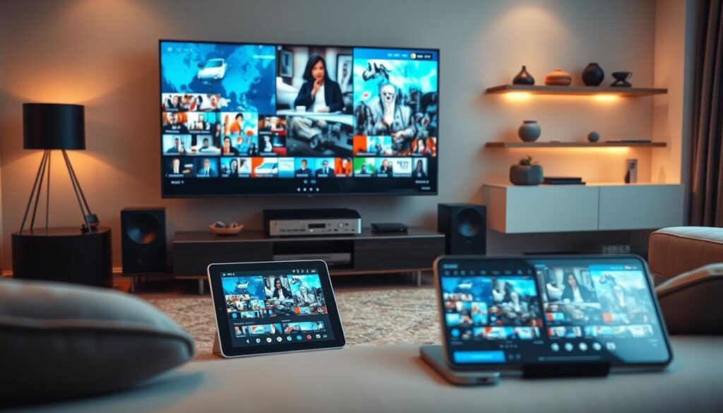 A technologically-advanced living room setting, showcasing a variety of IPTV-enabled devices seamlessly streaming global news channels. In the foreground, a sleek smart TV displays a diverse array of international news coverage. Nearby, a tablet and smartphone connected to the IPTV network offer additional options for accessing the latest global news updates. The middle ground features an elegant home entertainment system, with a state-of-the-art media player and high-fidelity speakers, creating an immersive viewing experience. The background highlights modern home decor, with minimalist shelving and mood lighting, setting the stage for a sophisticated and technologically-integrated news consumption environment.