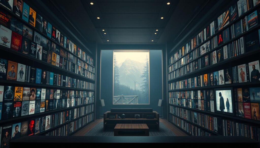 A vast and immersive video-on-demand library, showcasing a meticulously curated collection of feature films, documentaries, and TV series. The foreground depicts a sleek, minimalist user interface with crisp thumbnails and high-definition cover art, inviting the viewer to explore a world of endless entertainment. In the middle ground, a cinematic backdrop unfolds, with a soft, warm lighting illuminating the scene, creating a cozy and inviting atmosphere. The background blends seamlessly, hinting at the depth and breadth of the content available, with a subtle sense of technical sophistication and state-of-the-art streaming capabilities.