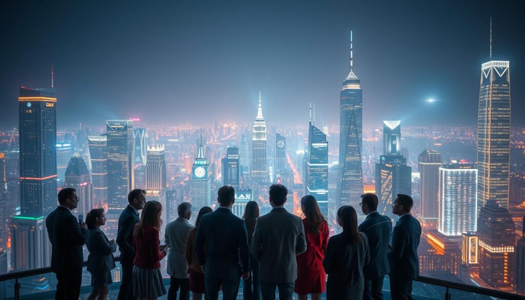 A vast, futuristic cityscape at night, dazzling skyscrapers and neon lights reflecting off a glossy, urban landscape. In the foreground, a group of diverse, well-dressed individuals gathered around a holographic display, intently watching a captivating digital entertainment experience. A sense of global interconnectivity and seamless access to a boundless world of content. Cinematic, wide-angle perspective with dramatic, chiaroscuro lighting, creating an atmosphere of technological wonder and boundless possibilities.