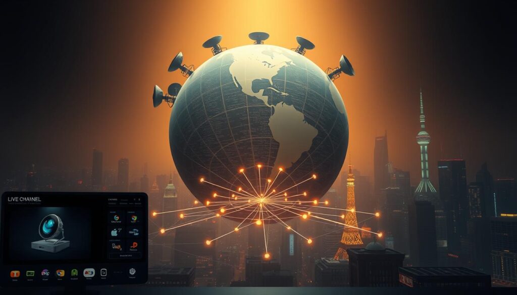 A vast, globe-like structure hovers in a dimly lit, futuristic setting. Satellite dishes and antennas protrude from its surface, symbolizing the global connectivity and live channel accessibility. The foreground features a sleek, minimalist user interface, showcasing various channel logos and live feed previews. The middle ground depicts a network of glowing data streams, pulsing and converging towards the central globe. In the background, a cityscape of towering skyscrapers and neon-lit towers creates an atmosphere of technological advancement and urban dynamism. Warm, diffused lighting casts a soft, ambient glow, conveying a sense of accessibility, connectivity, and the seamless integration of global media.