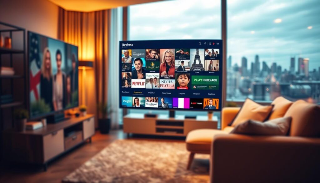 A vibrant French-Canadian IPTV service, showcasing the rich cultural tapestry of Quebec and France. In the foreground, a sleek, modern television screen displays a diverse array of channels, from local Québécois news to the latest Parisian dramas. The middle ground features a cozy living room setting, complete with plush furniture and warm lighting, creating an inviting atmosphere for family viewing. In the background, the iconic skyline of Montreal or Quebec City can be seen, representing the proud Francophone heritage of the region. The scene is bathed in a soft, golden glow, evoking a sense of comfort and familiarity. Technical details include a shallow depth of field, with the television screen in sharp focus and the background gently blurred, drawing the viewer's attention to the core of the IPTV service.