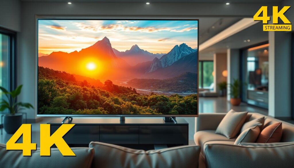 A vibrant and detailed 4K image showcasing the rich, crystal-clear quality of high-definition streaming. In the foreground, a large, high-resolution television screen displays a vivid landscape, with lush greenery, towering mountains, and a breathtaking sunset. The screen is framed by a sleek, modern entertainment system, with polished metal and glass accents. In the middle ground, a cozy living room setting, with plush seating and soft lighting, creates an inviting atmosphere for an immersive viewing experience. The background is subtly blurred, but hints at a spacious, open-concept layout, with large windows allowing natural light to flood the room. The overall scene conveys a sense of technological sophistication and cinematic grandeur, perfectly capturing the essence of 4K streaming.