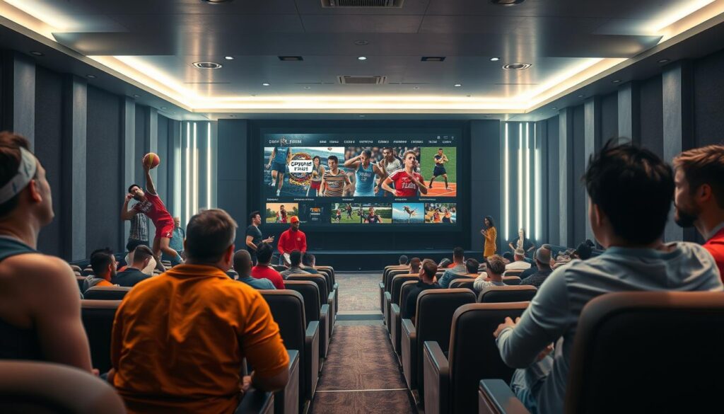 A vibrant and diverse collection of sports movies and TV shows streaming in an immersive cinematic setting. In the foreground, a group of athletes from various disciplines - basketball, soccer, tennis, and more - engaged in dynamic action sequences. In the middle ground, rows of theater-style seats face a large projection screen displaying captivating sports drama and documentaries. The background features a sleek, modern entertainment complex with floor-to-ceiling windows, subtle lighting, and a sense of energy and excitement. The overall atmosphere evokes a premium, high-quality streaming experience catering to a wide range of sports enthusiasts.