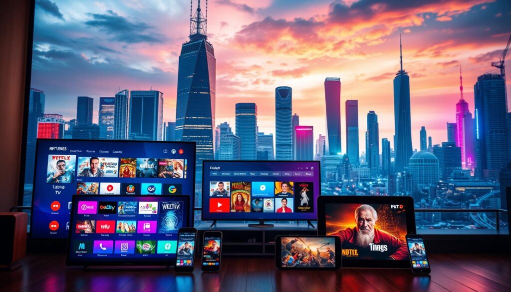 A vibrant and dynamic composition capturing the essence of the best IPTV services. In the foreground, an array of digital devices including smart TVs, tablets, and smartphones, each displaying a variety of popular streaming content. The middle ground features a sleek, modern interface with intuitive navigation, showcasing a wide selection of live TV channels, catch-up TV, and on-demand movies. In the background, a cityscape with towering skyscrapers and a vibrant, neon-lit skyline, symbolizing the global reach and accessibility of these cutting-edge IPTV services. The scene is bathed in a warm, cinematic lighting, creating a sense of immersion and technological sophistication.