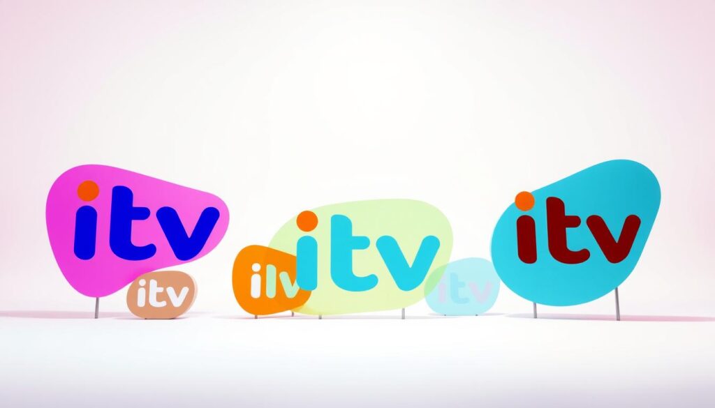 A vibrant and dynamic display of the ITV channel logos, prominently featured against a clean, minimalist background. The logos are positioned in an organic, asymmetrical layout, with a subtle sense of depth and dimensionality. The colors are rich and saturated, conveying the energy and diversity of the ITV network. The lighting is soft and diffused, creating a warm and inviting atmosphere. The camera angle is slightly elevated, giving the viewer a sense of authority and control over the scene. The overall composition is balanced and visually compelling, designed to capture the essence of accessing ITV Hub content without the need for login credentials.
