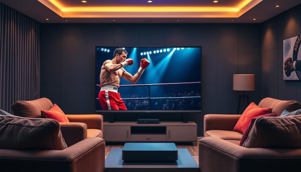 A vibrant and dynamic scene of a PPV event viewing experience on IPTV. In the foreground, a large flat-screen TV displays a high-definition live feed of a boxing match, the pugilists' movements frozen in time. Surrounding the TV, cozy armchairs and sofas invite viewers to settle in for the thrilling action. The middle ground features a sleek, modern IPTV setup, complete with a streaming device and remote controls, hinting at the convenience and accessibility of this viewing platform. In the background, a dimly lit room with subtle mood lighting creates an immersive atmosphere, heightening the sense of anticipation and excitement. The overall composition conveys the benefits of watching PPV events through IPTV - the comfort, the clarity, and the seamless integration of technology that elevates the viewing experience.