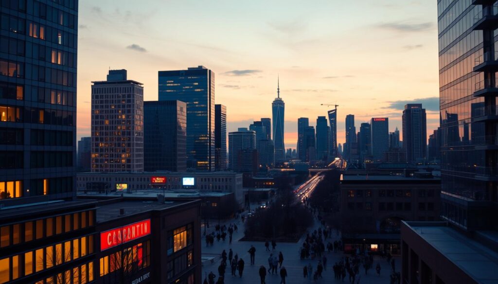A vibrant cityscape at dusk, showcasing the diverse landscape of IPTV services in Canada. In the foreground, a cluster of modern high-rise buildings, their windows illuminated with a warm glow, representing the robust infrastructure that powers IPTV. In the middle ground, a bustling street scene with people hurrying about, connected to their devices, symbolizing the widespread adoption of IPTV technology. In the background, the iconic skyline of a major Canadian city, its landmarks visible against a softly lit sky, signifying the nationwide availability of IPTV services. The scene is captured with a cinematic lens, creating a sense of depth and scale, and the lighting is carefully balanced to evoke a sense of technological progress and urban vitality.