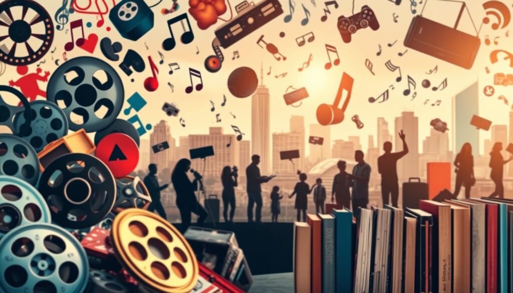 A vibrant collage showcasing a diverse array of genre-based media categories. In the foreground, a dynamic arrangement of film reels, musical notes, gaming controllers, and book spines create a captivating visual tapestry. The middle ground features silhouettes of people engaged in various entertainment activities, hinting at the breadth of available content. In the background, a softly blurred cityscape serves as a backdrop, suggesting the global reach and accessibility of these media genres. The lighting is a harmonious blend of warm and cool tones, evoking a sense of creativity and exploration. Captured through a wide-angle lens, the composition invites the viewer to immerse themselves in the rich, interconnected world of genre-based entertainment.