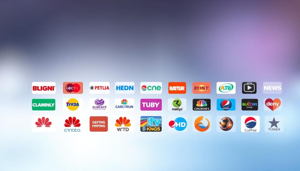 A vibrant collection of IPTV channel icons and logos displayed against a sleek, minimalist background. The icons are arranged in a grid layout, showcasing a diverse range of popular television channels. The foreground features the channel logos in crisp, high-resolution detail, with a subtle drop shadow to provide depth. The middle ground features a clean, gradient-based background in muted, cool tones, creating a sense of sophistication. The background is hazy and out of focus, drawing the viewer's attention to the vibrant channel icons in the foreground. The overall composition conveys the benefits of accessing a wide variety of high-quality television channels through an IPTV service.