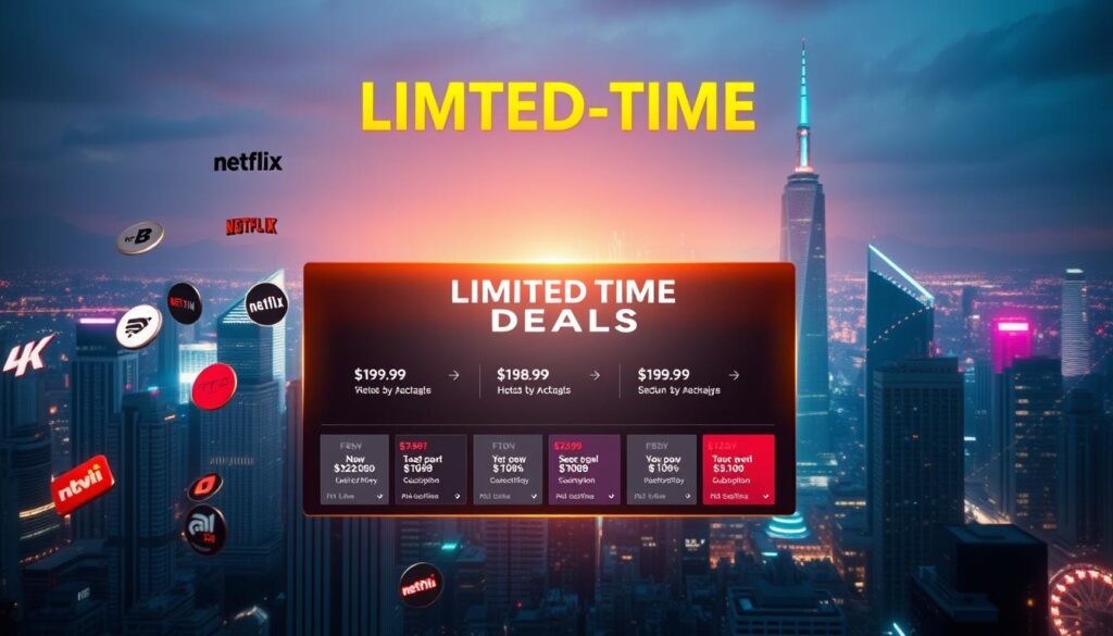 A vibrant display of limited-time streaming deals, showcased against a backdrop of a futuristic city skyline. In the foreground, various streaming service logos and icons float, illuminated by a warm, golden light that hints at the exclusive and time-sensitive nature of the offers. The middle ground features a sleek, minimalist display showcasing a collection of discounted subscription packages, their prices and durations highlighted in a clear, legible font. In the background, the cityscape is bathed in a cool, neon glow, creating a sense of technological modernity and urgency. The overall composition evokes a sense of limited-time opportunity and the excitement of accessing a world of international content at a discounted rate.