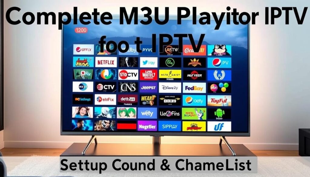A vibrant, dynamic image of IPTV channels displayed on a sleek, modern television screen. The screen is backlit with a soft, warm glow, casting a cozy ambiance over the scene. The channels are showcased in a clean, organized grid layout, with crisp, high-definition visuals and vivid colors that draw the viewer's attention. The television stands atop a minimalist wooden or metal stand, placed in a stylish, well-lit living room setting. The overall composition conveys a sense of technological sophistication and entertainment, perfectly complementing the "Complete M3U Playlists for IPTV: Setup Guide & Channel List" section title.