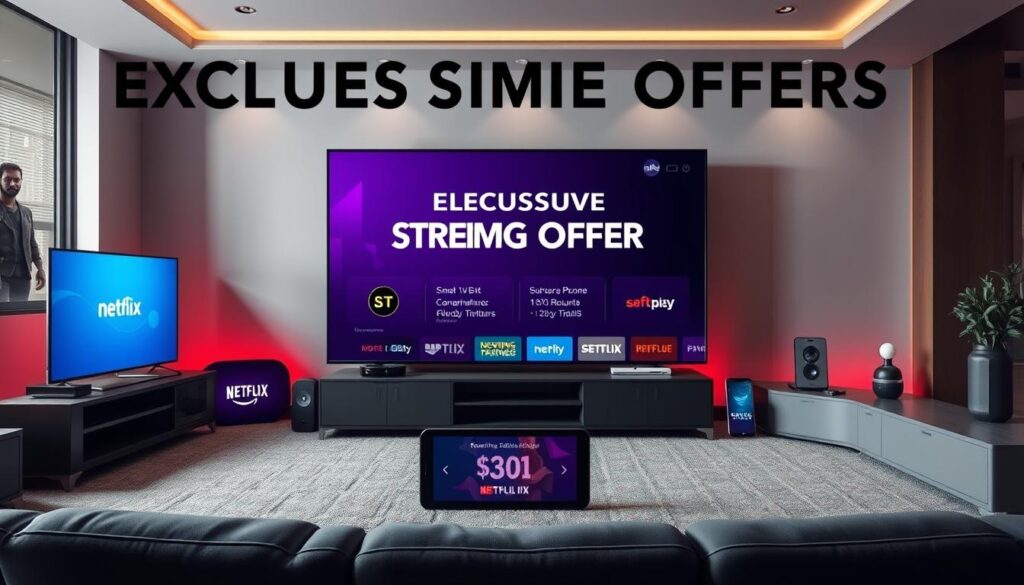 A vibrant, high-quality digital image showcasing exclusive streaming offers. Set in a stylized, modern entertainment space, the foreground features various streaming service logos and sleek devices like smart TVs, tablets, and smartphones, all arranged in a visually appealing manner. The middle ground highlights exclusive deals and discounts, conveyed through bold, eye-catching graphics. The background incorporates subtle, cinematic lighting and a minimalist, technical design aesthetic to reinforce the premium, high-tech nature of the streaming services. The overall mood is one of excitement, exclusivity, and the promise of cutting-edge entertainment experiences for new subscribers.