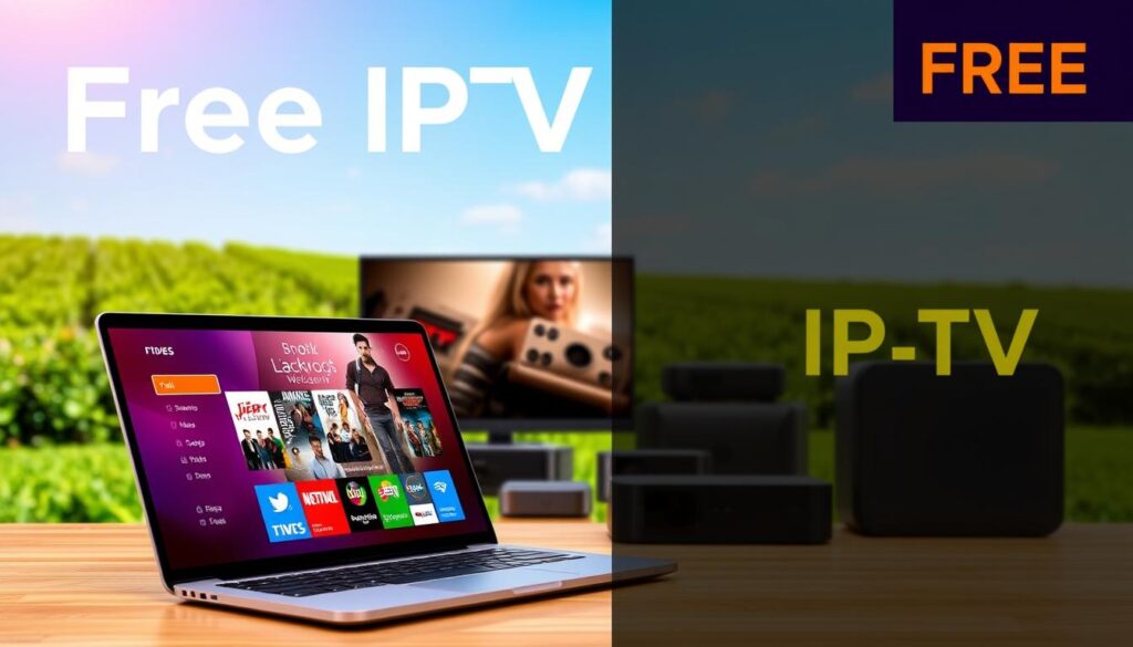 A vibrant, high-quality image showcasing a free IPTV trial offer and exclusive deals. In the foreground, a modern laptop or tablet displays a visually appealing and intuitive interface, inviting the user to explore the IPTV service. The middle ground features an array of streaming devices, including smart TVs and set-top boxes, symbolizing the wide range of compatibility. The background depicts a serene, natural setting with lush greenery and a clear, blue sky, evoking a sense of tranquility and stability. The lighting is warm and soft, creating a welcoming atmosphere. The overall composition and attention to detail convey a sense of reliability, quality, and the value of the free trial offer and exclusive deals.