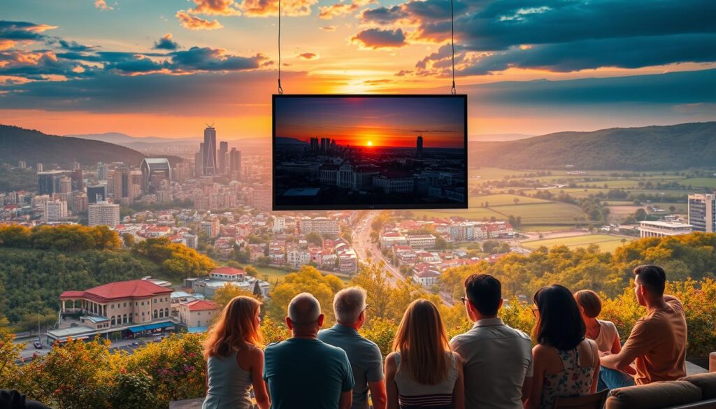 A vibrant, hyper-realistic landscape depicting the benefits of streaming regional content. In the foreground, a group of people gathered around a large screen, engaged in lively discussion, sharing the latest local news and events. The middle ground features a bustling city skyline, with local shops, landmarks, and cultural attractions. In the background, a panoramic view of the surrounding countryside, lush with verdant hills and a picturesque sunset. Warm, natural lighting illuminates the scene, creating a cozy, inviting atmosphere. Crisp, high-definition visuals capture the vivid details and vibrant colors, showcasing the quality and immersive experience of streaming regional content.
