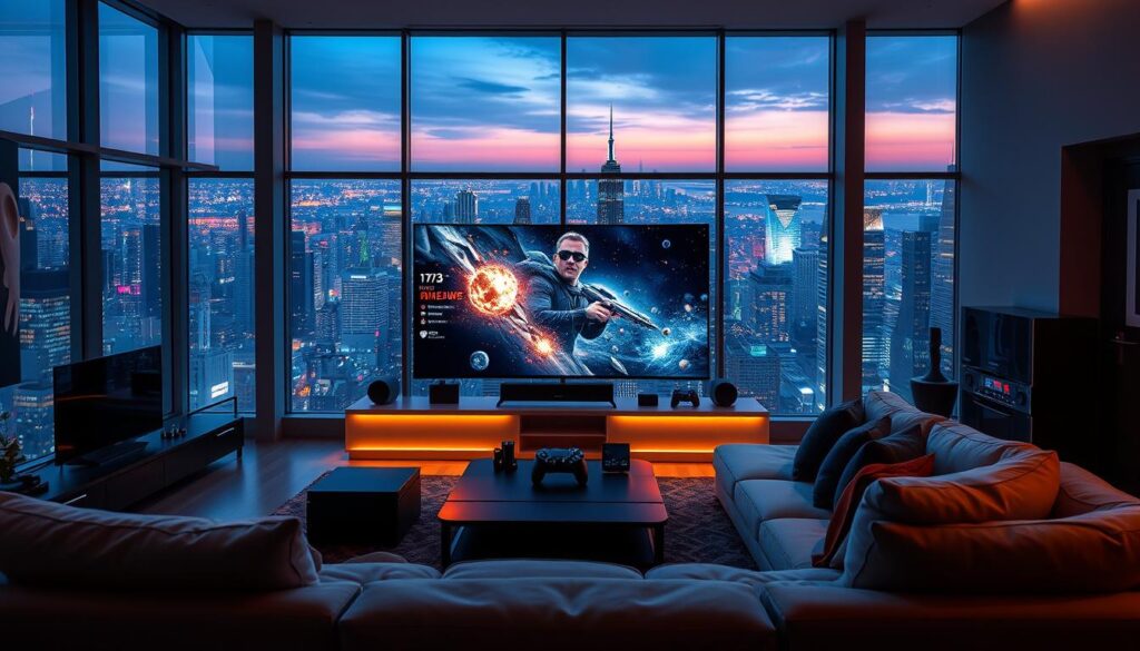 A vibrant, hyper-realistic scene of modern entertainment in full swing. In the foreground, a large, curved OLED TV commands attention, its screen displaying a captivating blockbuster movie. Surrounding it, a sleek, minimalist entertainment center houses state-of-the-art streaming devices, gaming consoles, and audio equipment, all bathed in a warm, soft lighting. In the middle ground, plush, contemporary furniture invites viewers to sink in and immerse themselves in the digital experience. The background features floor-to-ceiling windows, offering a panoramic view of a bustling, technologically advanced city skyline, pulsing with the energy of a vibrant, connected world. The overall atmosphere exudes a sense of effortless, on-demand access to a boundless universe of entertainment.