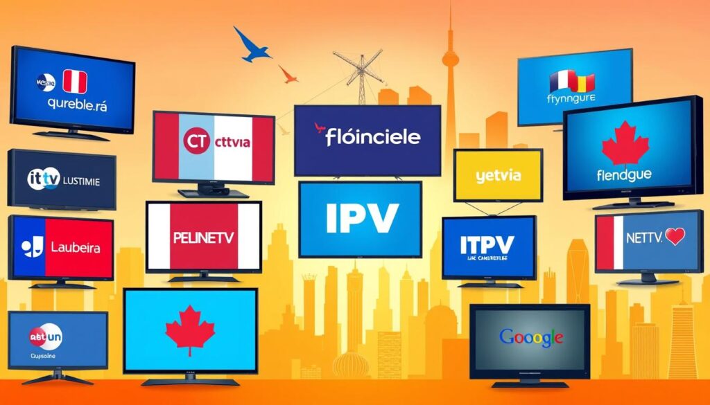 A vibrant illustration of francophone television channels, showcasing the diverse and culturally rich content available to Canadian francophone audiences. The foreground features prominent logos and branding of popular Quebec and French television networks, displayed on sleek, modern screens. The middle ground depicts a dynamic arrangement of television sets, antennas, and streaming devices, conveying the technological advancements that enable IPTV access. The background showcases a stylized cityscape, with skyscrapers and landmarks symbolic of major francophone hubs, bathed in a warm, golden light that evokes a sense of cultural pride and community. The overall composition exudes a polished, visually-striking aesthetic that captures the essence of the francophone television landscape.