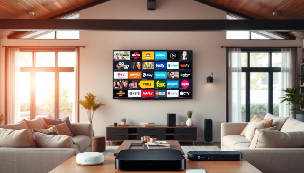 A vibrant living room scene featuring a modern IPTV setup. In the foreground, a sleek flat-screen TV displays a diverse array of IPTV channels, their logos and content visible. Surrounding the TV, comfortable sofas and armchairs invite the family to gather and enjoy a shared viewing experience. The middle ground showcases various smart home devices, such as voice assistants and streaming boxes, seamlessly integrated to provide a cohesive IPTV experience. In the background, large windows flood the room with natural light, creating a bright and welcoming atmosphere. The overall scene conveys the benefits of having multiple connections and a comprehensive IPTV setup for the entire household.