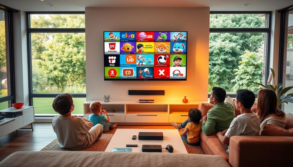A vibrant, modern living room with a large flatscreen TV on the wall, showcasing a diverse selection of colorful IPTV kids channels. In the foreground, a family of four - two parents and two young children - relaxing on a comfortable sectional sofa, engrossed in the engaging and age-appropriate content. Soft, warm lighting illuminates the space, creating a cozy, inviting atmosphere. The middle ground features a coffee table with parental control devices, highlighting the ease of managing content. The background depicts large windows overlooking a lush, verdant outdoor scene, reinforcing the idea of a safe, family-friendly environment. The overall scene conveys the benefits of IPTV kids channels for modern families - a perfect balance of entertainment and parental control.