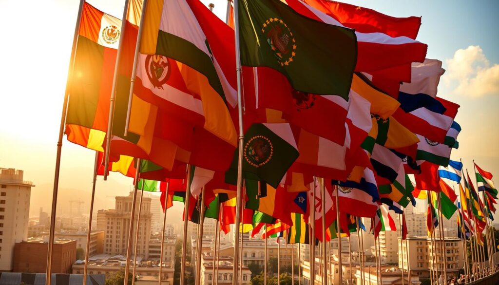 A vibrant mosaic of Latin American countries, each represented by its national flag, showcased against a backdrop of a warm, sunlit cityscape. The flags flutter gently, their colors and designs distinct yet harmoniously blended, creating a visual symphony that evokes the cultural diversity and interconnectedness of the Latino world. The scene is captured with a wide-angle lens, providing a panoramic view that conveys a sense of expansiveness and inclusivity. The lighting is soft and diffused, casting a golden glow that enhances the sense of warmth and vitality. The overall composition is balanced and visually striking, inviting the viewer to explore the rich tapestry of Latino IPTV channels represented within this captivating image.