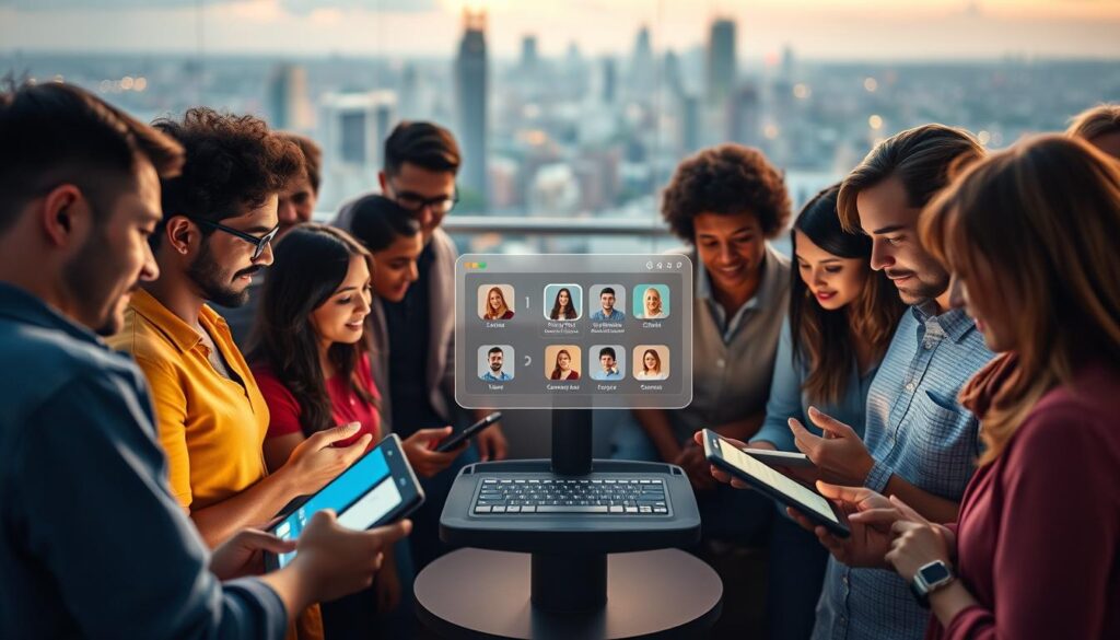 A vibrant online community gathered around a central hub, offering real-time support and guidance. The foreground depicts a diverse group of individuals engaged in lively discussions, their faces illuminated by the glow of their devices. The middle ground showcases a sleek, modern interface with intuitive navigation, facilitating seamless communication. In the background, a serene cityscape sets the tone, symbolizing the global reach and connectivity of this support network. Soft, directional lighting casts a warm, inviting atmosphere, while a shallow depth of field keeps the focus on the active engagement within the community.