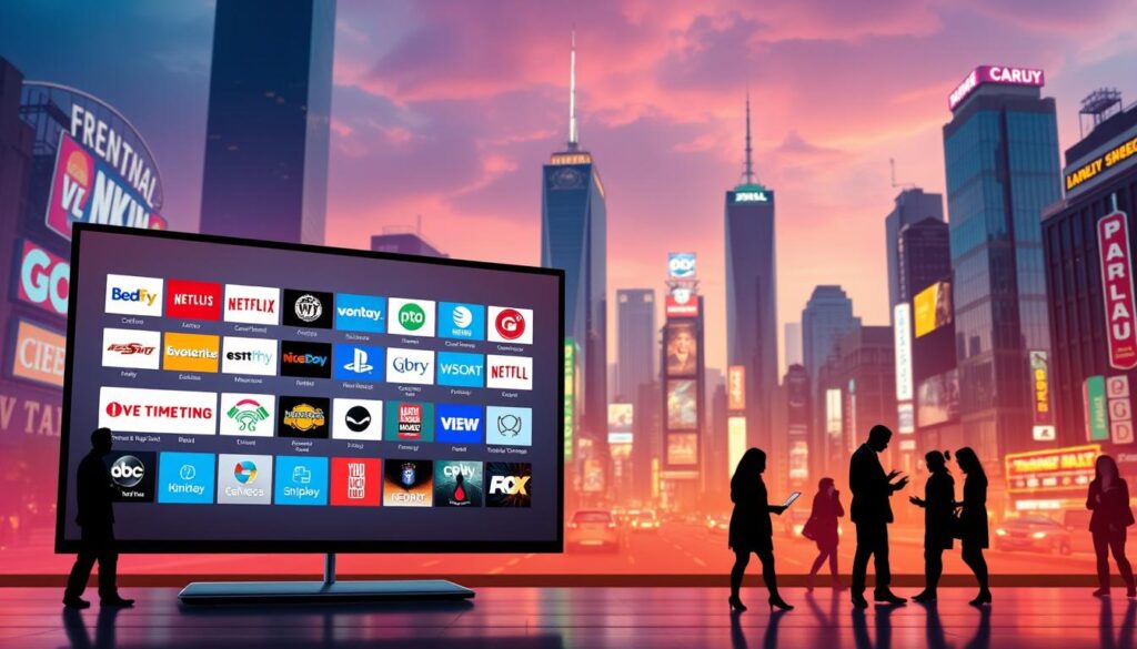 A vibrant, visually-striking scene showcasing a diverse array of live and on-demand streaming channels. In the foreground, a stylized TV display dominates the frame, its screen depicting a variety of channel logos, program thumbnails, and control interfaces. The middle ground features silhouettes of people interacting with various devices - laptops, tablets, smartphones - to access the streaming content. In the background, a dynamic cityscape backdrop with towering skyscrapers, neon signage, and a bustling urban atmosphere sets the scene. The lighting is a balanced blend of warm and cool tones, creating a visually compelling and technologically-advanced ambiance. The overall composition conveys the endless entertainment possibilities and on-the-go accessibility of the premium IPTV package.