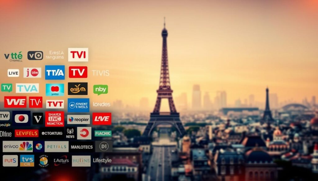 A visually captivating illustration of the top French content categories available on IPTV. The foreground features a collage of iconic French TV channel logos such as TVA, V Télé, and other popular international channels, arranged in a dynamic, eye-catching layout. The middle ground showcases a range of content genres including news, entertainment, sports, and lifestyle, each represented by relevant icons and symbols. The background depicts a stylized Parisian cityscape, with the Eiffel Tower and other landmarks subtly visible, creating a sense of French cultural ambiance. The lighting is warm and inviting, with a slight cinematic flair, and the overall composition is balanced and visually harmonious, reflecting the diverse and robust nature of the French IPTV content landscape.