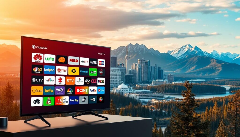 A visually stunning landscape showcasing the vibrant Canadian IPTV channels. In the foreground, a sleek modern television set displays a colorful array of channel logos, each representing the diverse programming available. The midground features a panoramic view of the iconic Canadian cityscape, with towering skyscrapers and the distinctive architecture of national broadcasting networks like CBC. Bathed in warm, golden light, the background depicts the majestic Canadian wilderness, with towering mountains and pristine lakes, conveying a sense of national pride and the country's natural beauty. The image radiates a sophisticated, premium aesthetic, perfectly capturing the essence of the top Canadian channels accessible through a premium IPTV subscription.