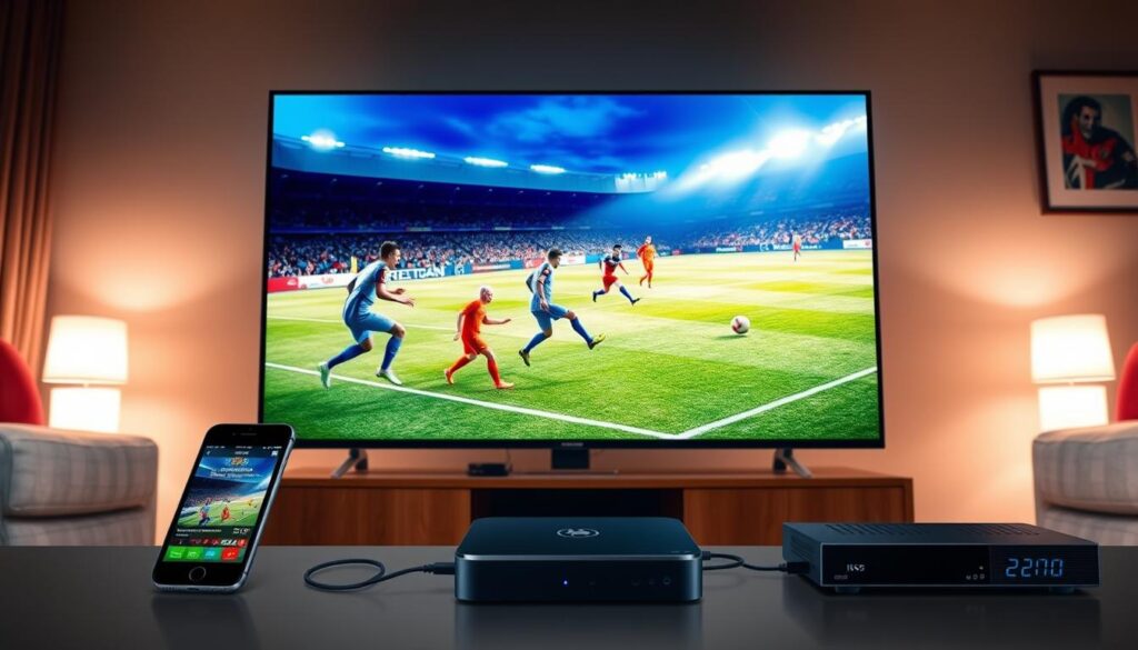 A vivid and dynamic sports streaming scene with a focus on the Premier League. The foreground features a large television screen displaying a live Premier League match, with players in motion on the pitch. The middle ground showcases various streaming devices such as a smartphone, tablet, and set-top box, all connected to the TV via cables. The background depicts a cozy living room setting, with comfortable furnishings, lighting, and a sense of immersion in the viewing experience. The overall mood is one of excitement, high-quality entertainment, and the convenience of IPTV streaming for Premier League fans.