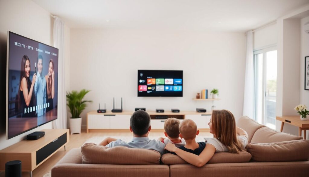 A warm, welcoming family living room with a large TV screen displaying an IPTV interface. In the foreground, a family of four - two parents and two children - sit comfortably on a plush couch, their faces lit by the glow of the screen. The middle ground features a modern, minimalist entertainment center with various streaming devices and a router, symbolizing the connectivity and technology powering the IPTV experience. The background showcases a cozy, well-lit space with natural light filtering through large windows, creating a sense of domestic tranquility. The overall composition conveys the notion of an IPTV family plan, where multiple connections and devices seamlessly integrate to provide entertainment and connectivity for the entire household.