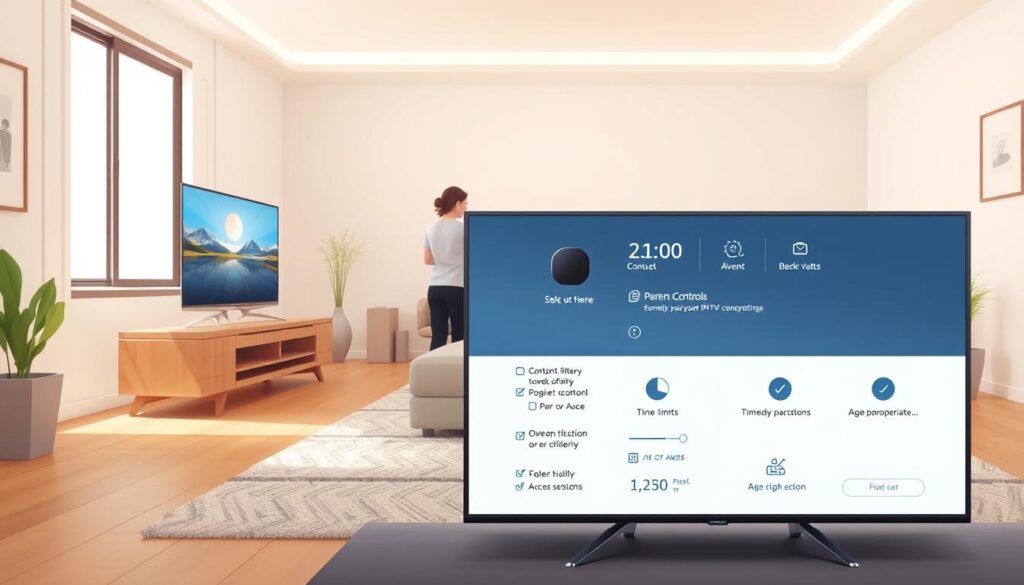 A well-lit and detailed digital illustration showcasing the essential parental control features of an IPTV platform. Prominently featured in the foreground is a sleek, user-friendly interface displaying various parental control settings such as content filtering, time limits, and access restrictions. In the middle ground, parents can be seen navigating the intuitive menu, ensuring their children have a safe and age-appropriate viewing experience. The background depicts a modern, minimalist living room setting, conveying a sense of comfort and security. The overall mood is one of simplicity, control, and peace of mind for both parents and children.