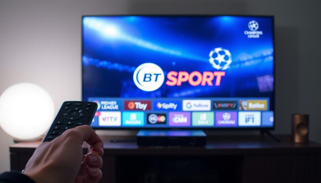 A well-lit and informative guide for setting up IPTV, showcasing a sleek and modern smart TV interface. In the foreground, a user's hand operates an IPTV remote control, navigating through seamless menus and options. The middle ground depicts the IPTV device itself, connected to various cables and ports, highlighting the technical setup. In the background, a large TV screen displays the BT Sport logo and Premier League/Champions League branding, conveying the content available on the IPTV service. The overall atmosphere is one of ease and efficiency, guiding the viewer through the steps to enjoy premium sports coverage on their IPTV setup.