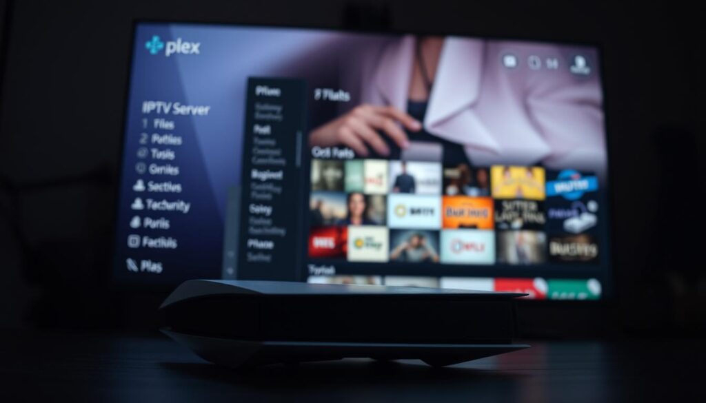 A well-lit, cinematic scene of a PlayStation 5 console against a backdrop of a Plex media server interface. The PS5 is prominently displayed in the foreground, its sleek and modern design highlighted by dramatic lighting. The Plex interface fills the middle ground, showcasing its intuitive UI and the vast library of IPTV content available. The background is blurred, creating a sense of depth and focus on the central elements. The overall mood is one of seamless integration, technology, and entertainment, reflecting the experience of using Plex to stream IPTV on the PS5.