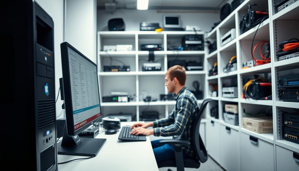 A well-lit, clean office setting with a desktop computer, monitor, and keyboard in the foreground. In the middle ground, a person is sitting at the desk, intently focused on the screen, their hands typing on the keyboard. The background features shelves filled with networking equipment, cables, and other technological paraphernalia, conveying a sense of a professional IPTV service setup. The overall atmosphere is one of efficiency and technological expertise, with a bright, modern, and organized aesthetic.