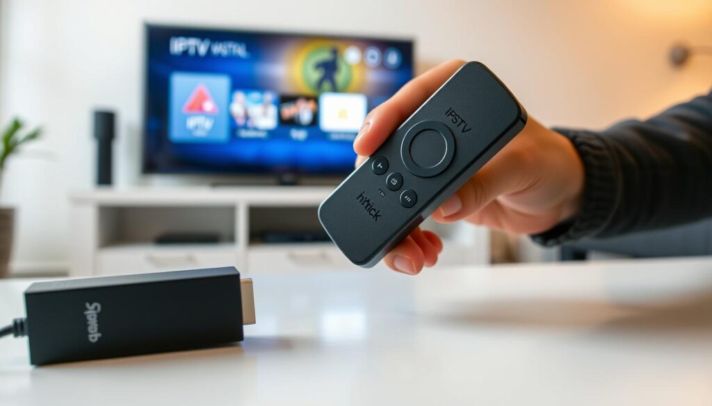 A well-lit, detailed image of a Firestick device being set up for IPTV streaming. In the foreground, the Firestick is prominently displayed, its sleek design and HDMI connector clearly visible. In the middle ground, hands are shown navigating the Firestick's user interface, accessing settings and installing the necessary IPTV app. The background depicts a modern living room setup, with a TV screen showing the IPTV app's interface, conveying the ease and convenience of the installation process. The overall scene has a clean, professional aesthetic, with soft, warm lighting and a subtle sense of technical expertise.