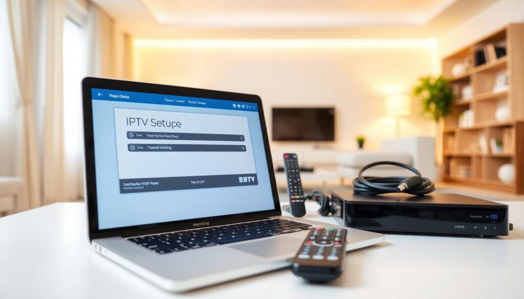 A well-lit, detailed image of an IPTV setup guide. The foreground shows a laptop or tablet with an IPTV setup interface displayed, crisp and easy to read. The middle ground contains various IPTV devices like a set-top box, remote control, and cables neatly arranged. The background depicts a clean, minimalist interior with warm lighting, suggesting a modern, tech-savvy home environment. The overall mood is informative, practical, and visually appealing, guiding the viewer through the easy installation process.