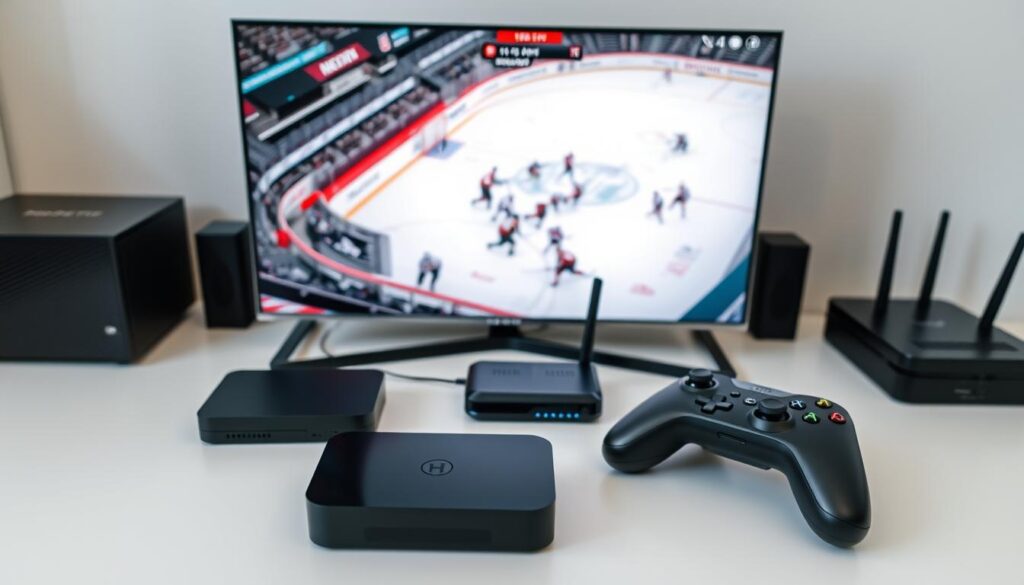 A well-lit, high-angle shot of a modern IPTV setup, showcasing various devices on a clean, minimalist desk. In the foreground, a sleek black IPTV streaming box and a wireless game controller. In the middle ground, a high-quality 4K TV displays a hockey game, its screen crisp and vibrant. The background features a subtle array of networking equipment, such as a router and modem, seamlessly integrated into the workspace. The overall scene conveys a sense of efficiency, technology, and the excitement of watching NHL hockey on an IPTV platform.