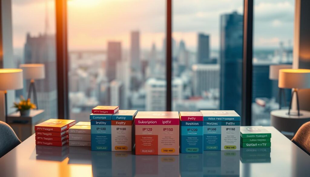 A well-lit, high-angle shot of a table displaying various IPTV yearly subscription plans. The plans are presented as stacks of colorful boxes with clear pricing and feature details. The background is a soft, blurred office setting with a large window overlooking a city skyline, providing a sense of professionalism and value. Subtle warm lighting casts a premium glow on the subscription plan boxes, highlighting their importance. The composition is balanced, drawing the viewer's eye to the center of the frame where the plans are arranged in an appealing, organized manner.
