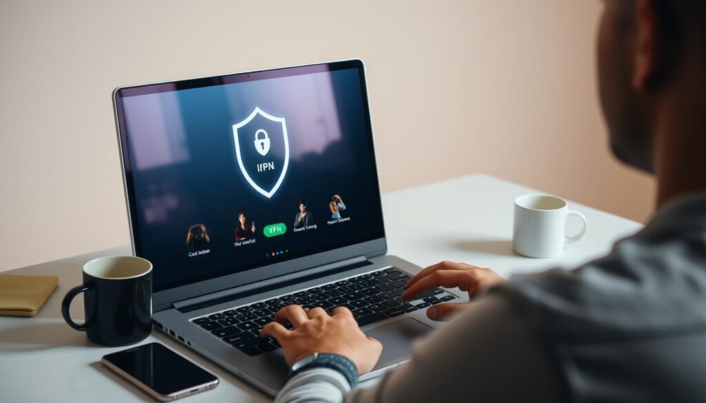 A well-lit, high-resolution image of a person using a laptop to stream IPTV content, with a VPN service running in the background. The laptop is displayed on a clean, minimalist desk, with a smartphone and a coffee mug visible. The scene is bathed in a warm, diffused lighting, creating a comfortable and productive atmosphere. The VPN client software is prominently displayed on the laptop screen, with a secure connection status indicator. The overall composition emphasizes the seamless integration of IPTV streaming and VPN for a private and uninterrupted viewing experience.