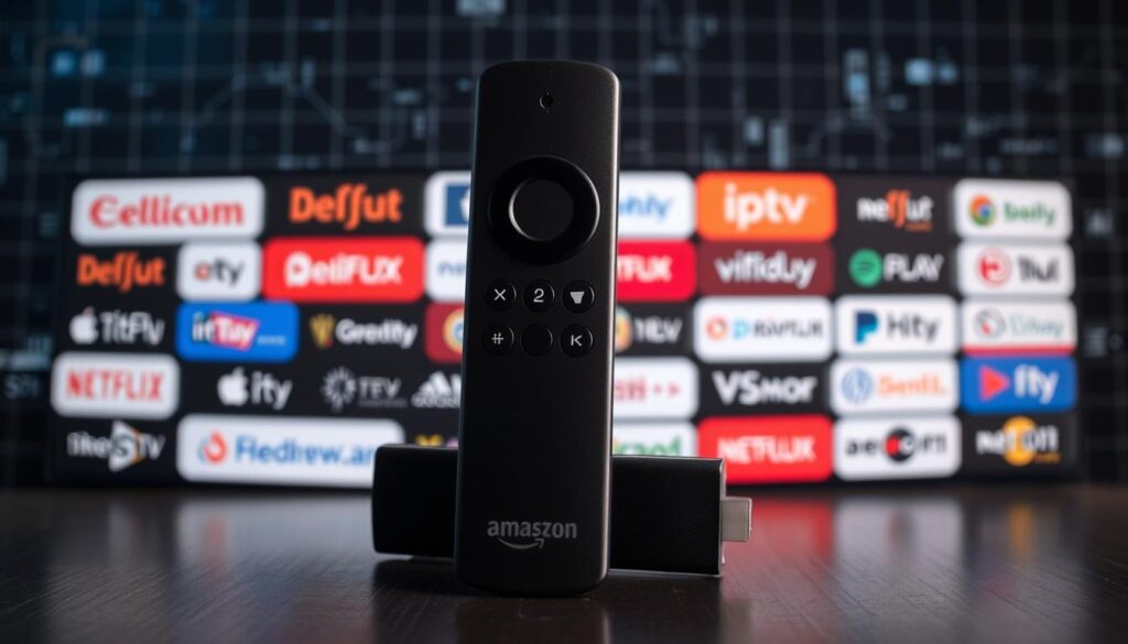 A well-lit, high-resolution image of an Amazon Fire Stick device prominently displayed in the foreground, surrounded by various IPTV service logos and icons arranged artfully in the middle ground. The background should convey a sense of technological sophistication, perhaps with a subtle grid pattern or digital circuit board-inspired textures. The overall composition should communicate the compatibility and connectivity of IPTV services with the Fire Stick, creating a visually appealing and informative illustration for the article.