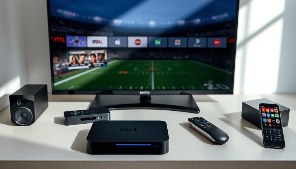 A well-lit, high-resolution image of an assortment of IPTV-compatible devices, including a modern smart TV, a streaming media player, a set-top box, and a mobile device. The devices are arranged thoughtfully on a clean, neutral-colored surface, showcasing their sleek designs and intuitive user interfaces. The lighting is soft and natural, creating a sense of elegance and professionalism. The overall composition is balanced and visually appealing, highlighting the essential equipment required for NFL IPTV streaming.